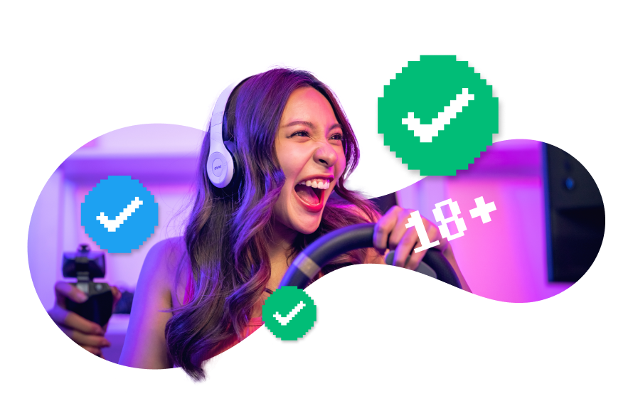 Ecstatic gamer using a steering wheel